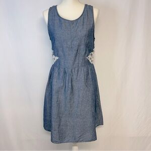 Catherine Malandrino Denim Midi‎ Dress Size L Sleeveless Linen Blend Lace Dainty